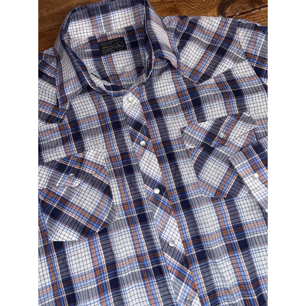 Vintage JCPenney Western Shirt Mens Large Blue Plaid Pearl Snap Long Sleeve